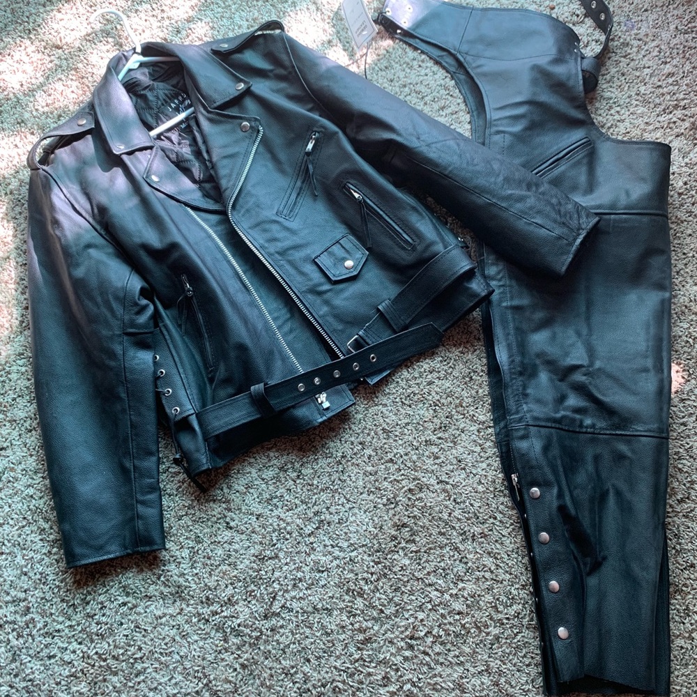 Leather jacket and chaps